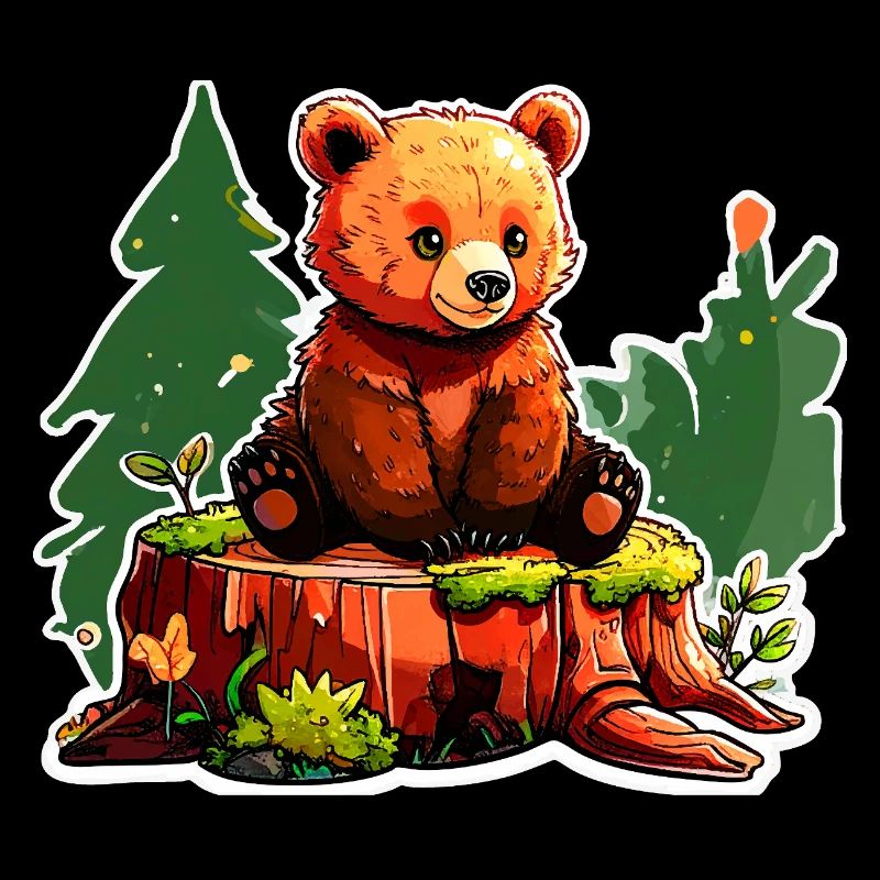 A little bear perched on a tree stump