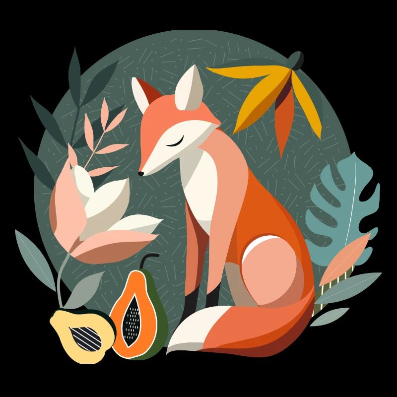 Fuchs mit tropischen Blüten und Früchten