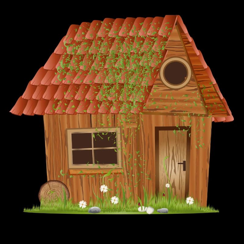 small windswept rustic hut