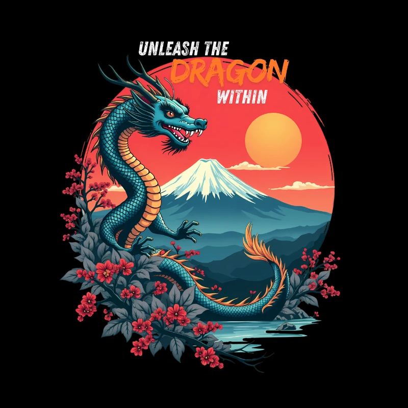 Japanischer Drache am Mount Fuji mit Kirschblüten