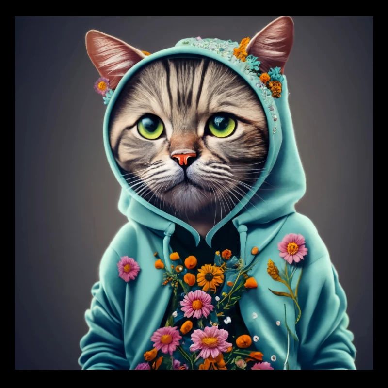 chat avec capuche et fleurs