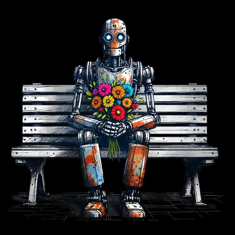 Robot banc fleurs Robot amour Art rouillé