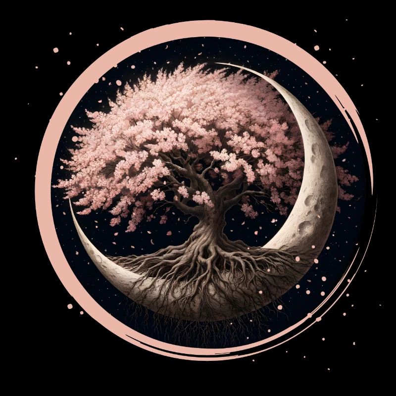 Elegant Cherry Blossom Bonsai Tree on Crescent Moon