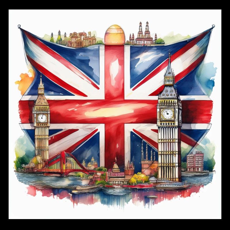 Watercolour Union Jack with British Landmarks