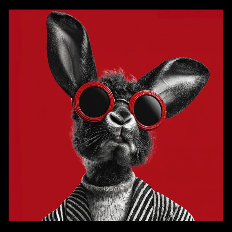 Hase mit Sonnenbrille vor rotem Hintergrund
