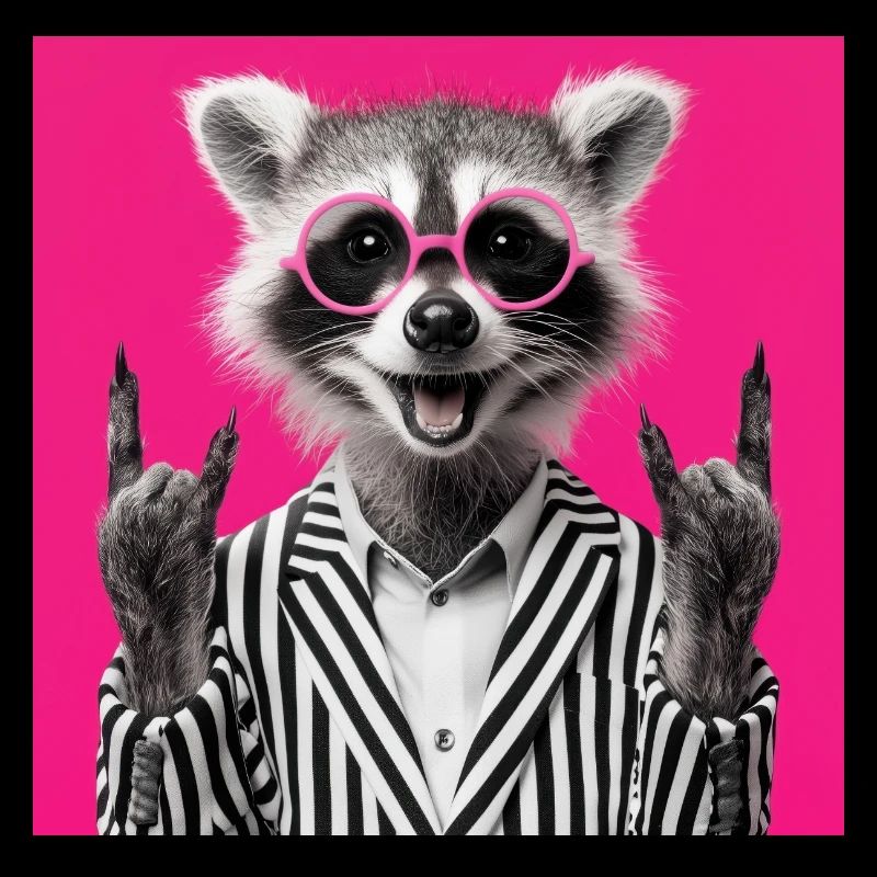 Waschbär mit Doppel Rock Handgeste