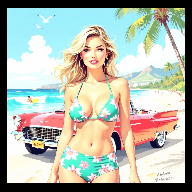 Frau am Strand mit Oldtimer