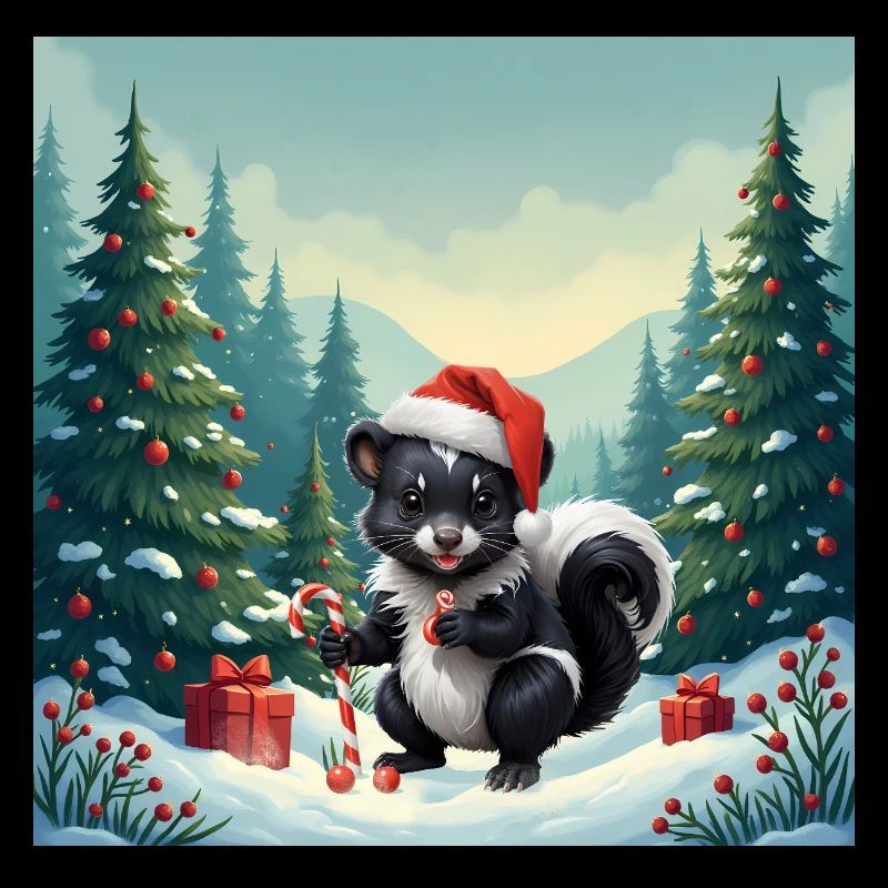 Moufette de Noël dans la forêt enneigée
