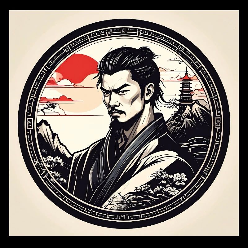 Samouraï dans un cadre circulaire au coucher du soleil