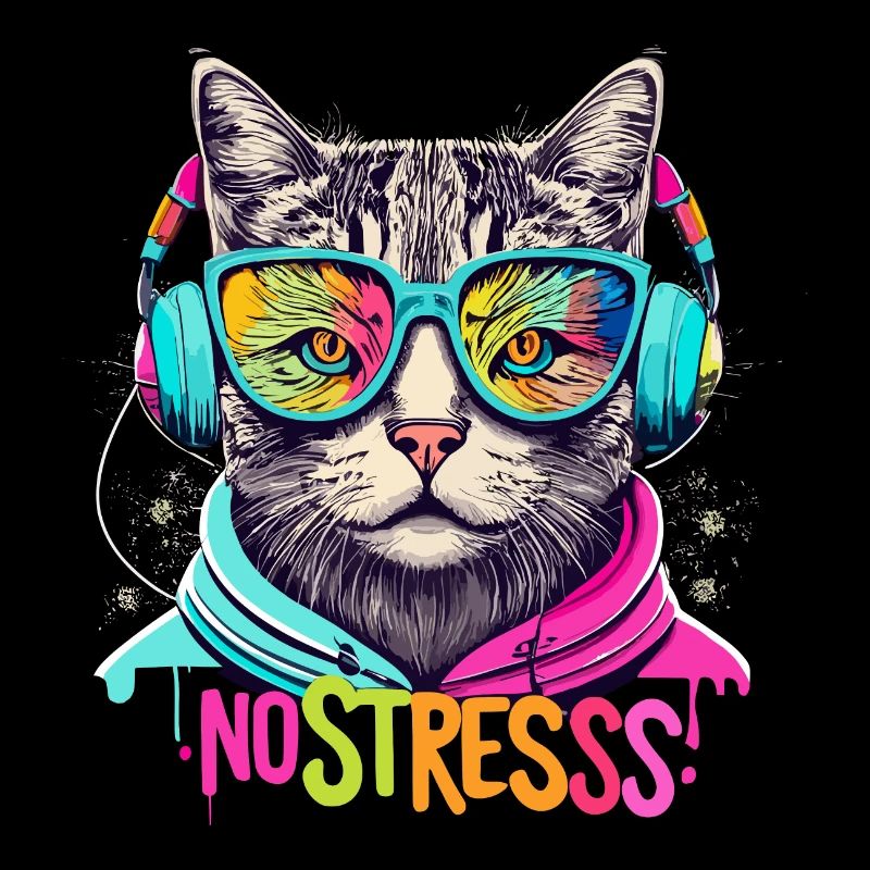 Katze mit Kopfhörer Lustiger Spruch NO STRESS