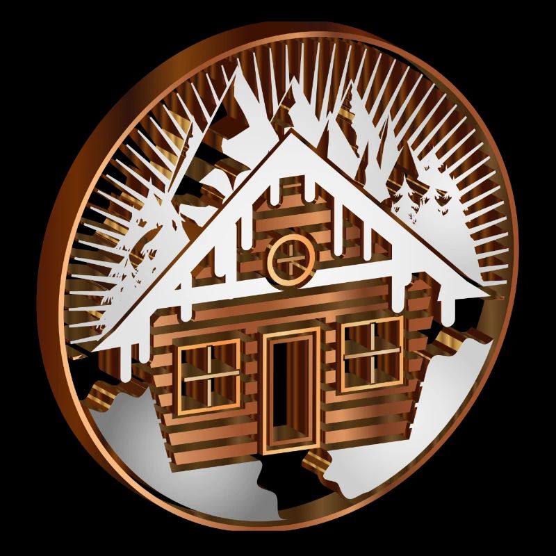snow-covered hut in the mountains as a medallion