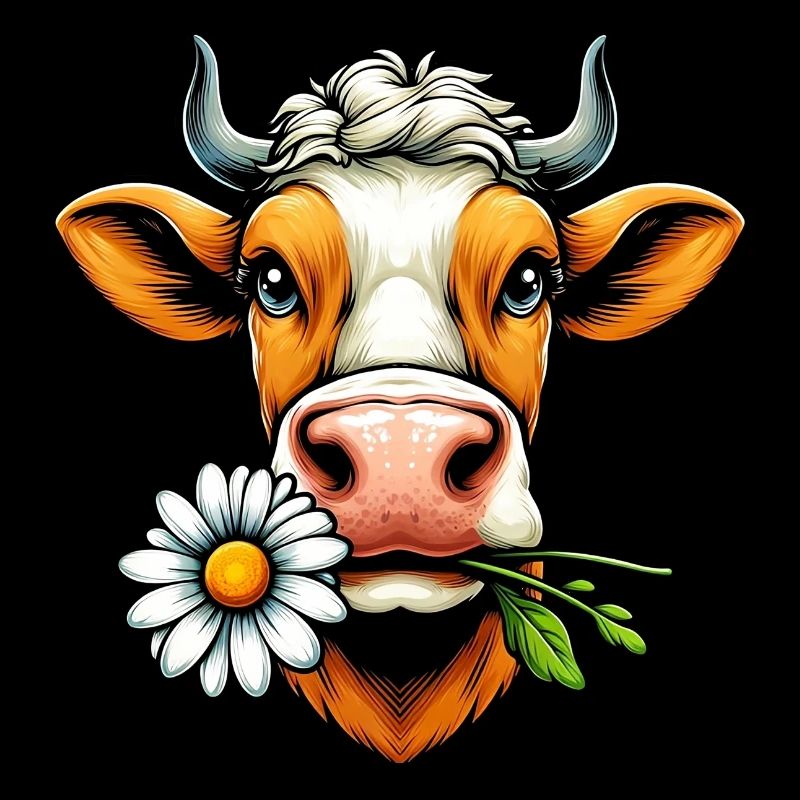 Kuh mit einer Gänseblümchenblume im Maul Blumen