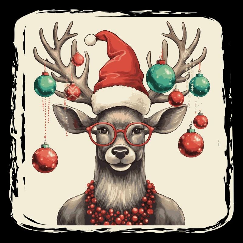 Rentier mit Weihnachtskugeln und Mütze