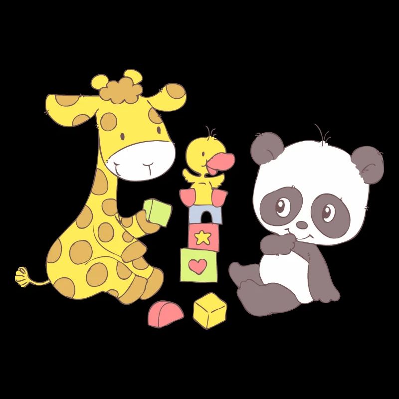 Giraffe and Panda playing with Blocks
