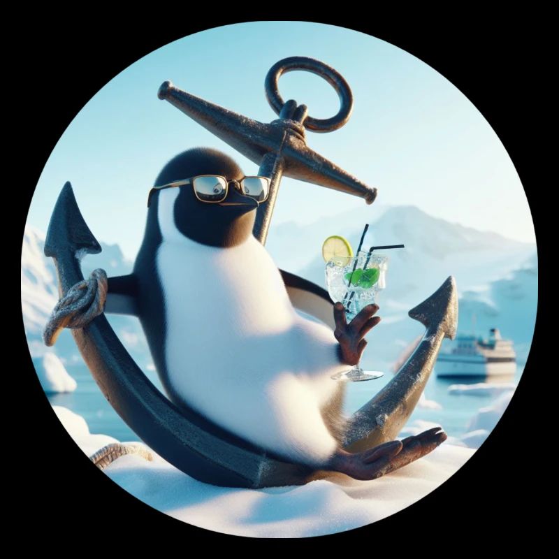 Casual penguin sits on anchor and drinks