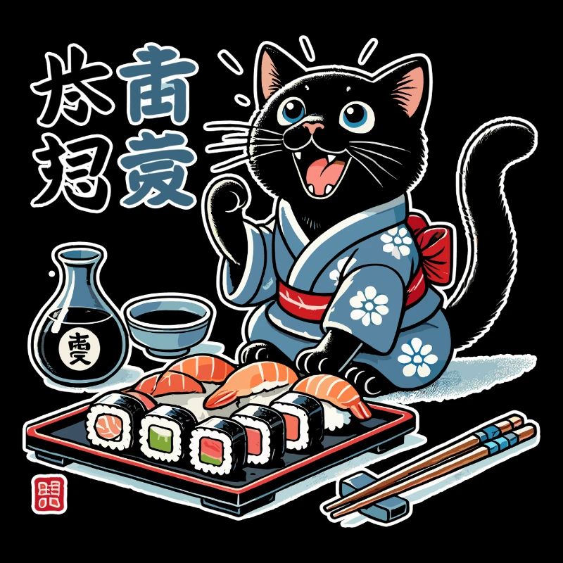 Sushi Black Cat Kimono Maki Nigiri Gift