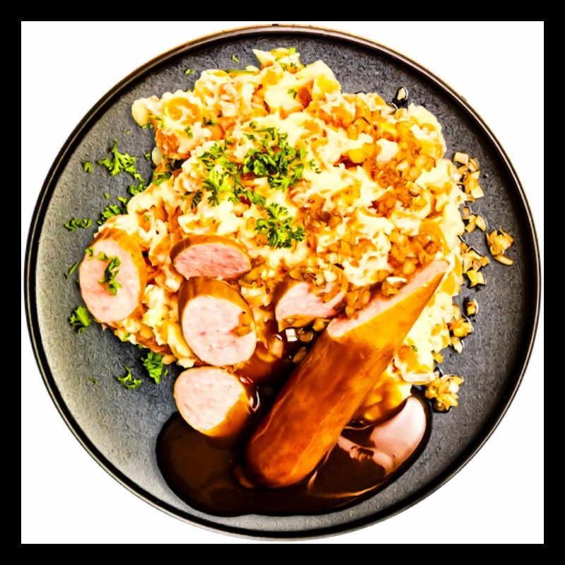 Dish with sausage and mashed potatoes