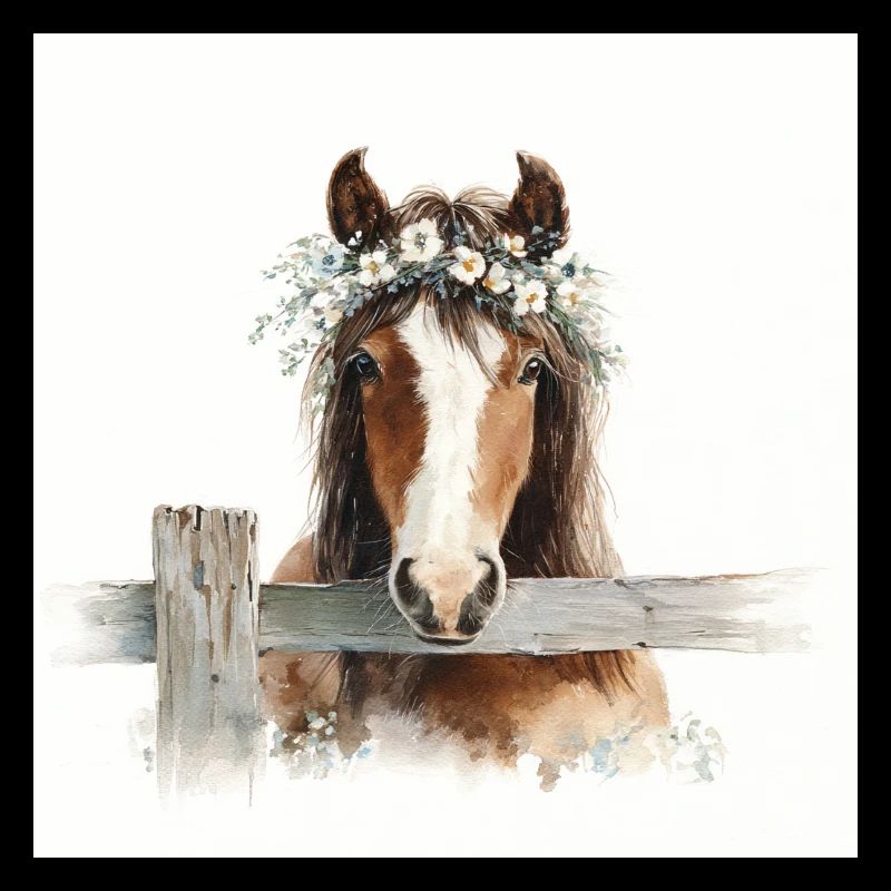 Cheval aquarelle avec couronne florale