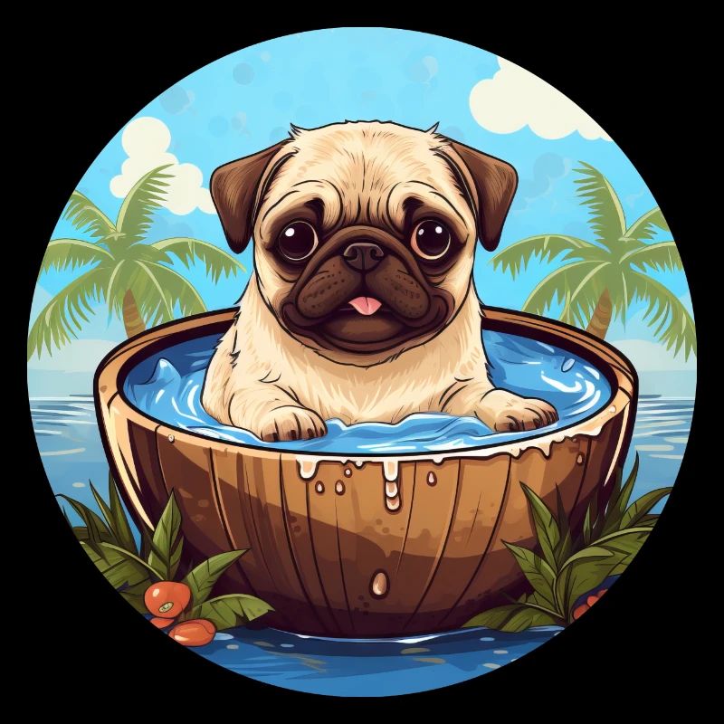 Summer Pug with Coconut Palm Sunset