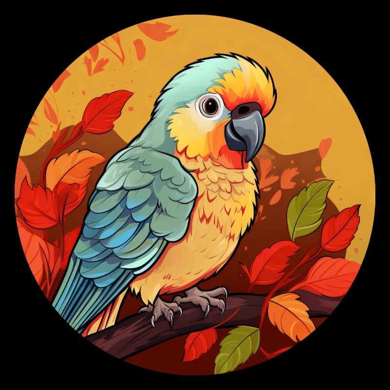 Perroquet d’automne: coucher de soleil et feuillage