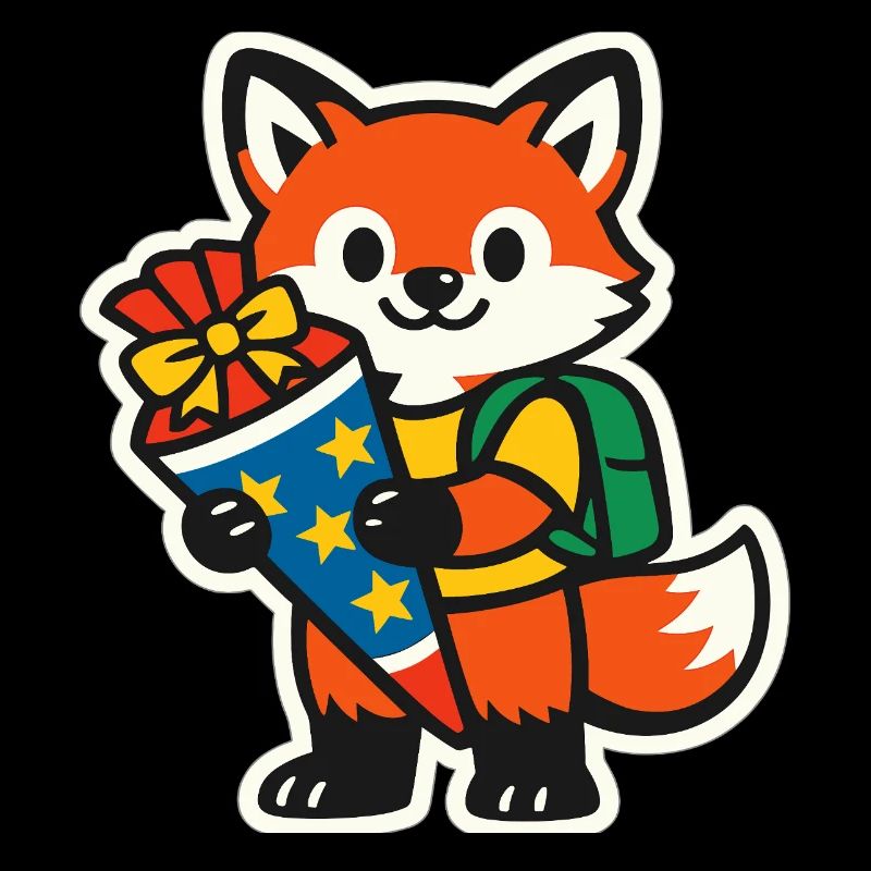 Fox with gift and backpack school enrollment