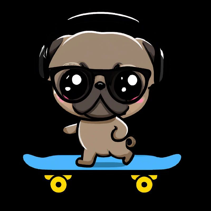 Hund Mops auf Skateboard Sonnenbrille Musik