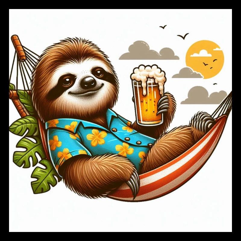 Faultier im Hawaii-Hemd mit Bier