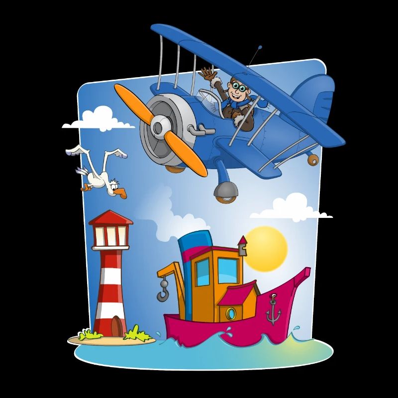 Sonne, Meer, Flugzeug, Boot, Leuchtturm und Möwe