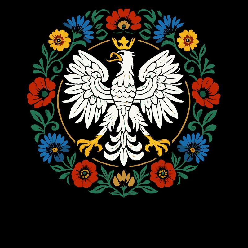 Polish Eagle Folk Emblem with Flowers