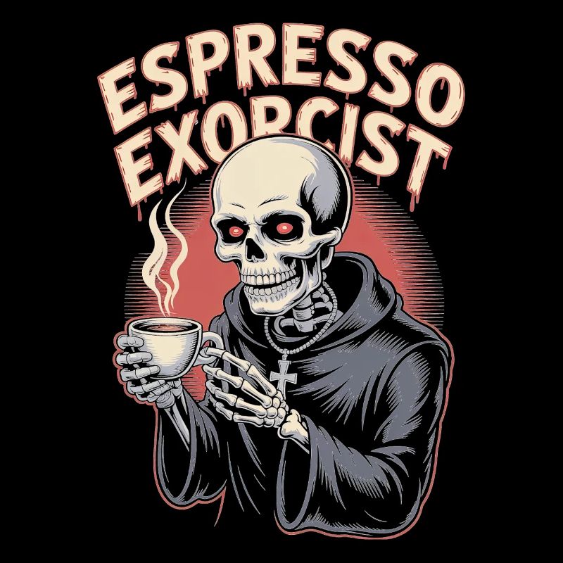 Espresso Exorzist Skelett Kaffee schlürfen Design