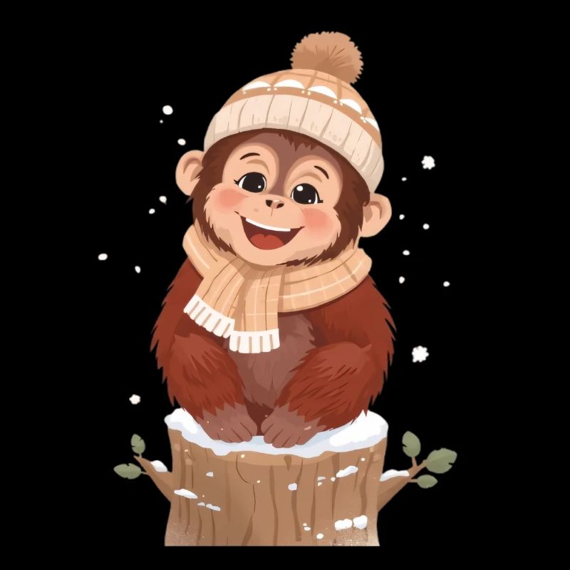 Winter monkey on tree stump