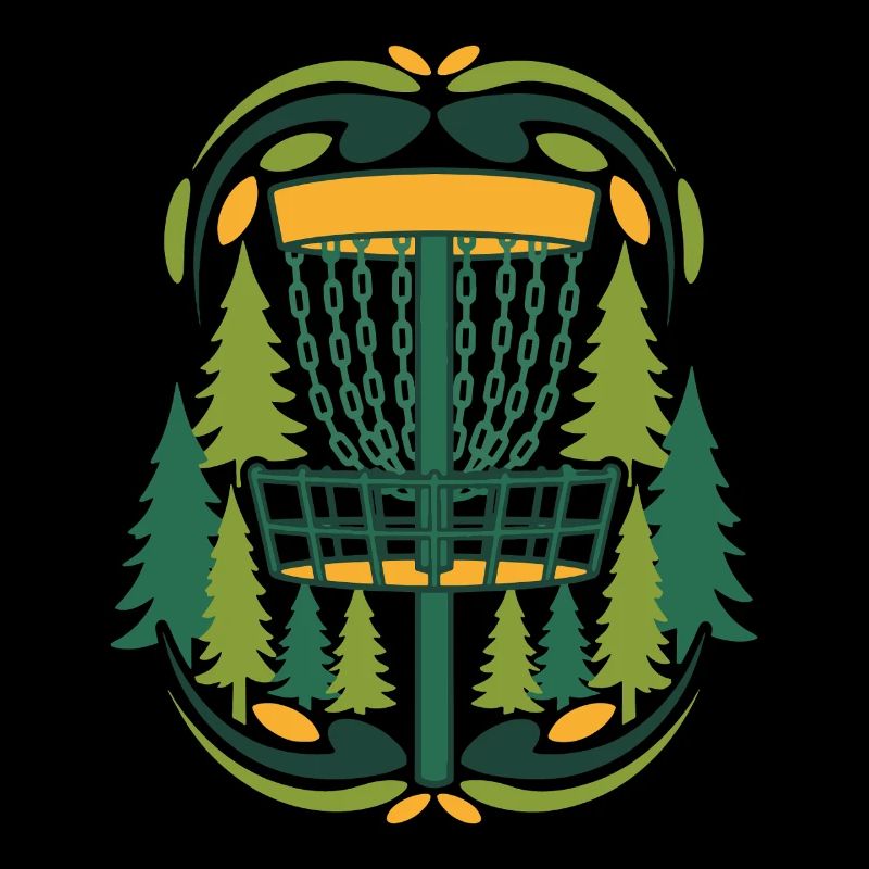 Scène du disque volant du panier de Disc Golf dans la forêt
