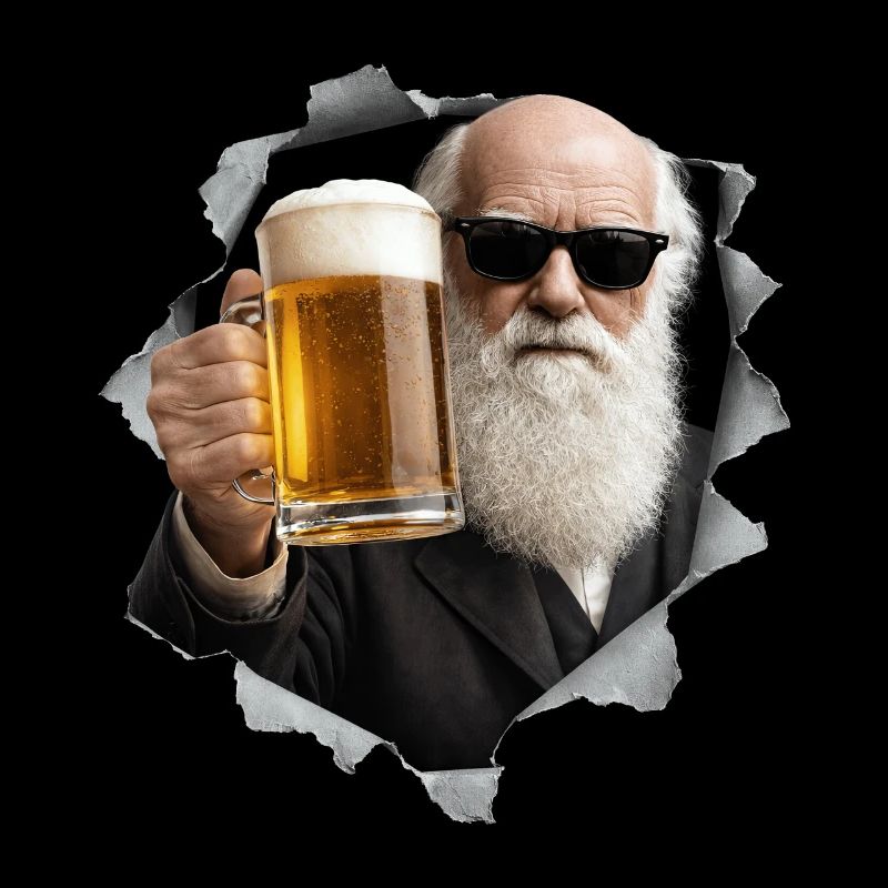 Charles Darwin holds a beer