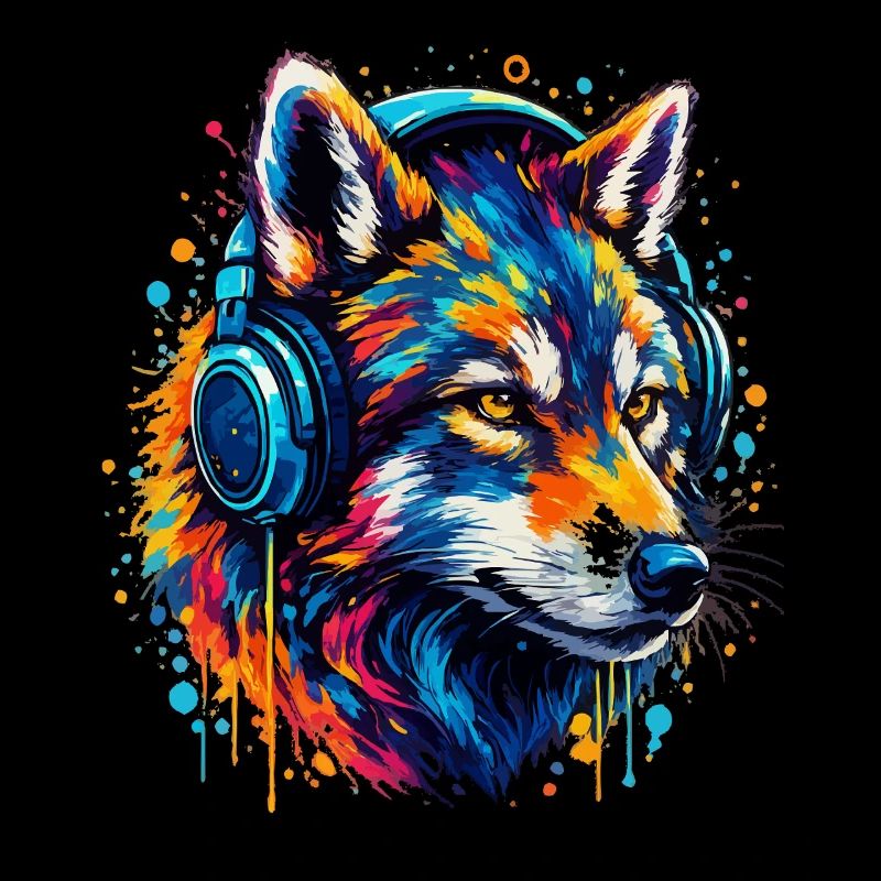 Fuchs mit Neon Kopfhörer Kunst