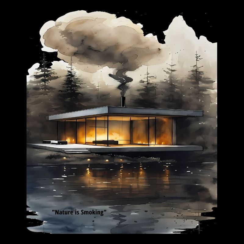 Cabane moderne éclairée par le feu sur le lac