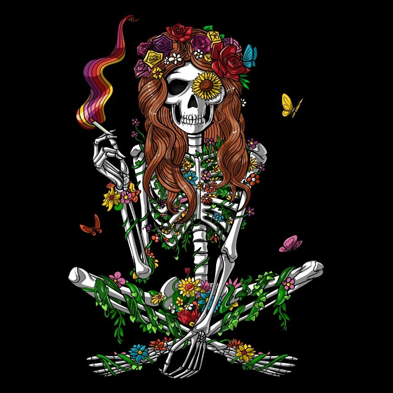 Hippie-Skelett, das psychedelisches Unkraut raucht