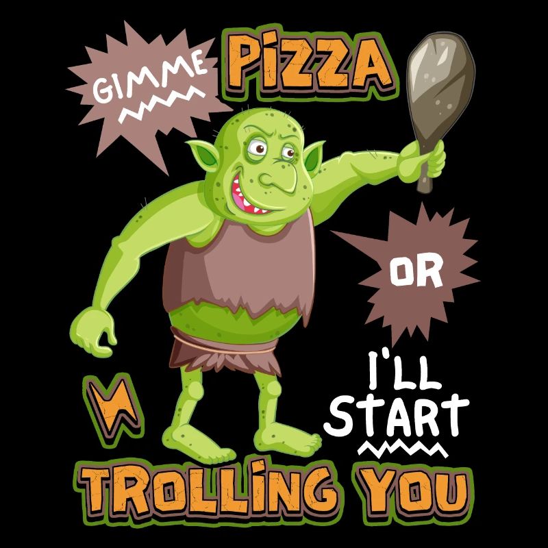 Lustiger Troll will Pizza haben, Spruch Comic Stil