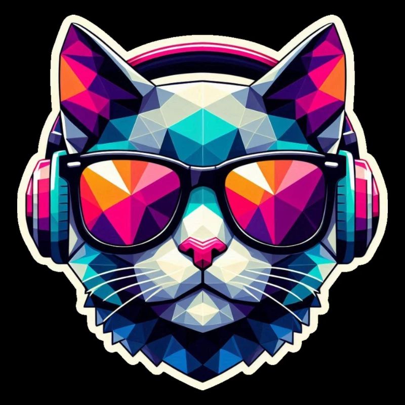 Katze Brille Kopfhörer bunt polygon