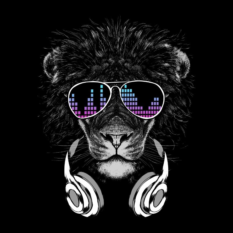 Lion avec des écouteurs et des lunettes de soleil cool