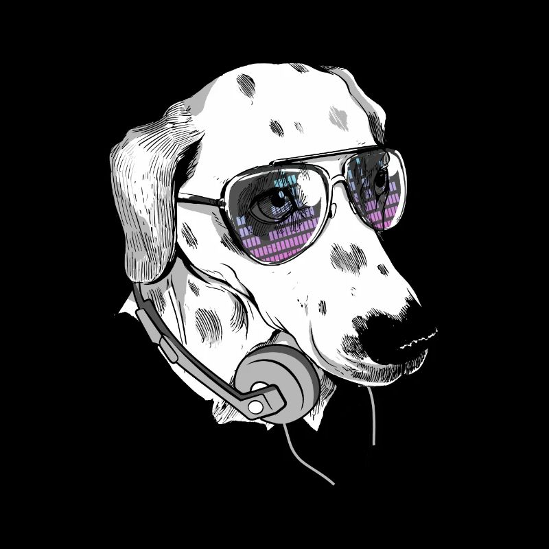 Hund mit Kopfhörer und cooler Musik Brille