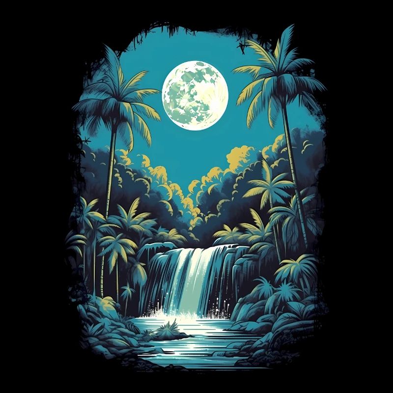 Moonlit waterfall & tropic scene