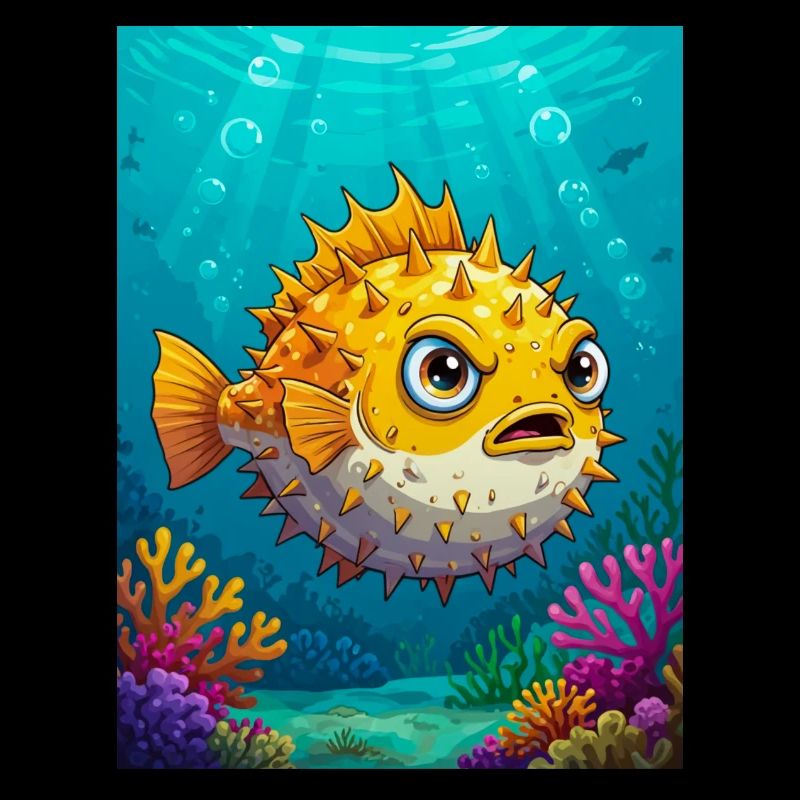 Kugelfisch im Comic-Stil, runder, stacheliger, aufgeblasener Körper