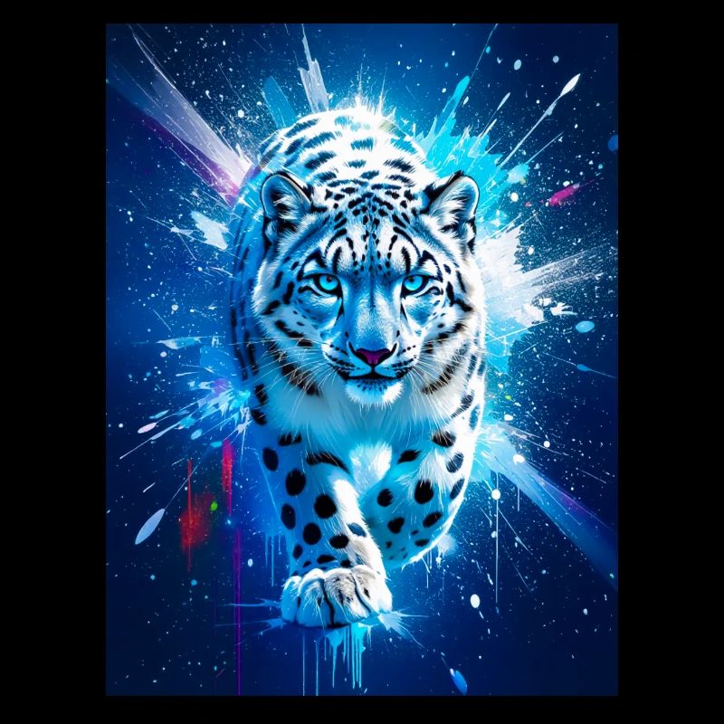 A snow leopard glows amid icy blue and silver star