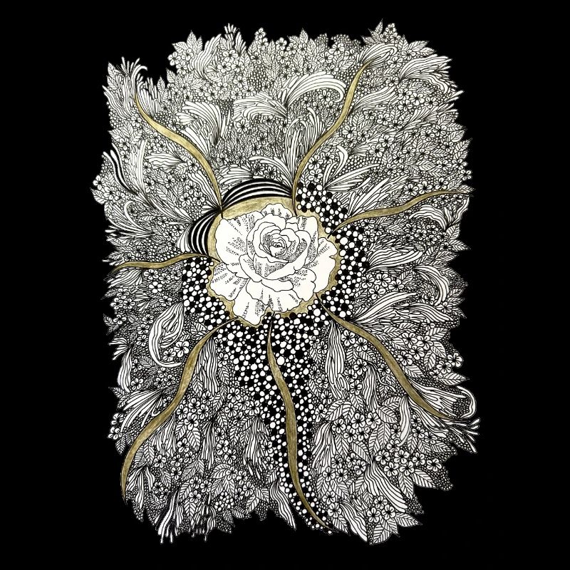 Mandala de fleurs dorées avec accent de rose