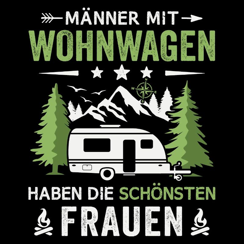 Camping Männer mit Wohnwagen Camper