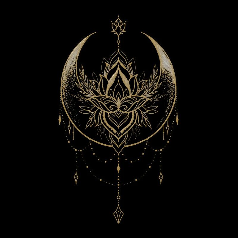 Superbe lune noire dorée avec fleur de lotus.