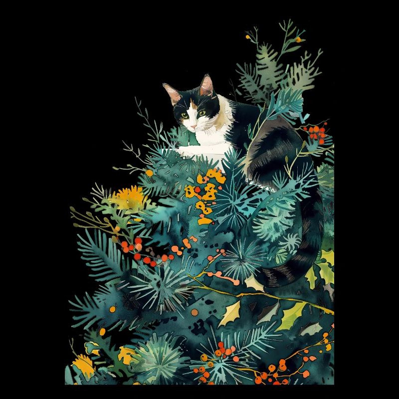 Chat sur le sapin de Noël