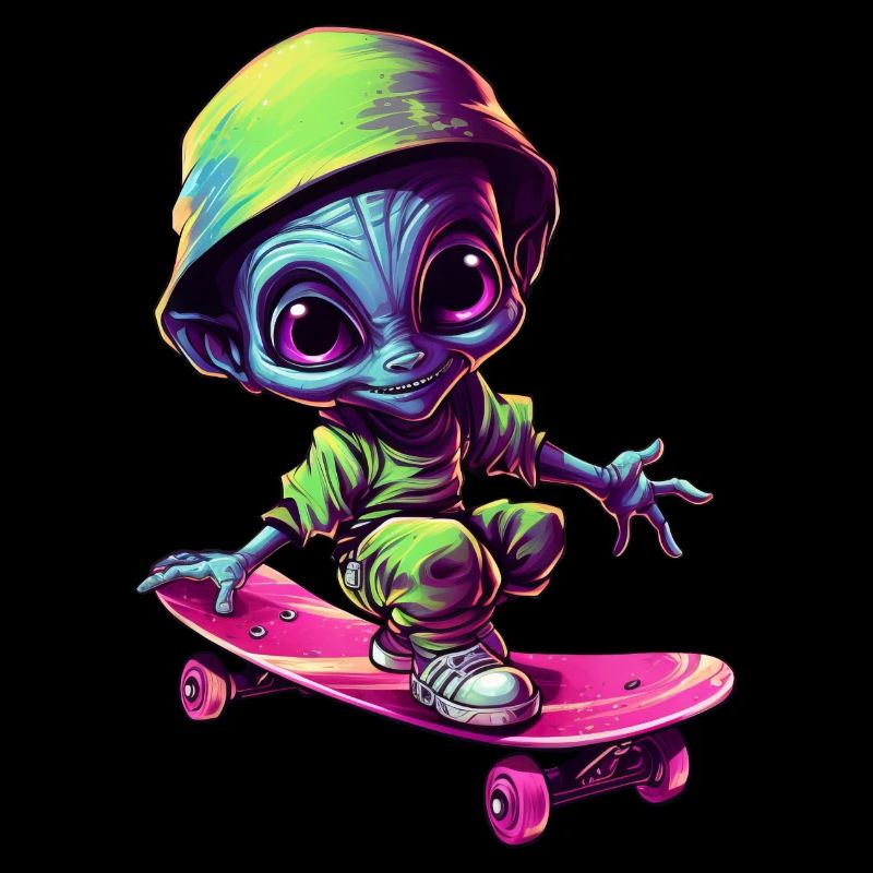 Blau-Pinker Alien Skateboarder: Kosmische Tricks