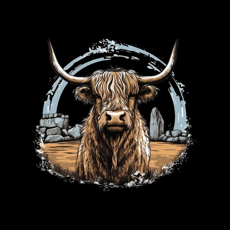 Rustic Scottish Highland cow landscape and