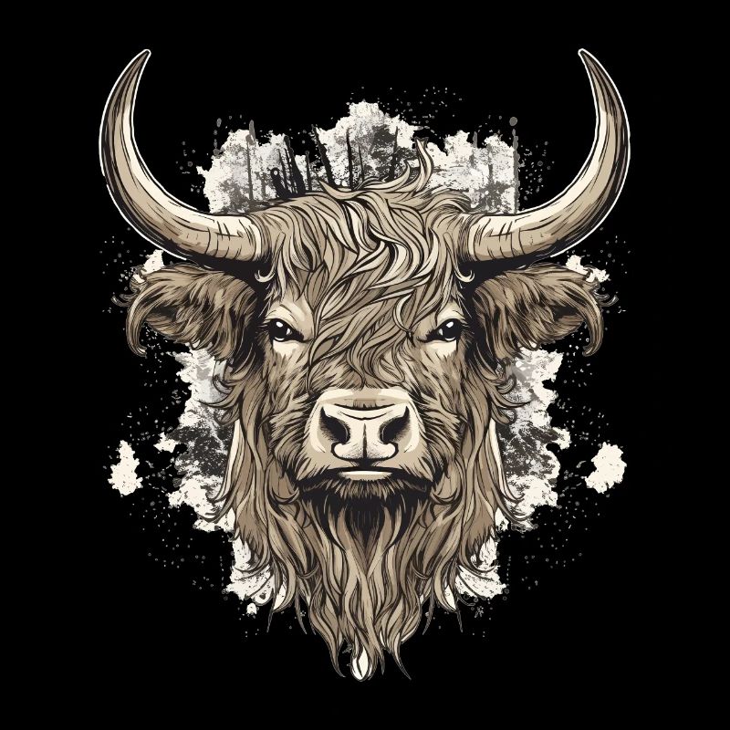 Rustic Scottish Highland cow landscape and